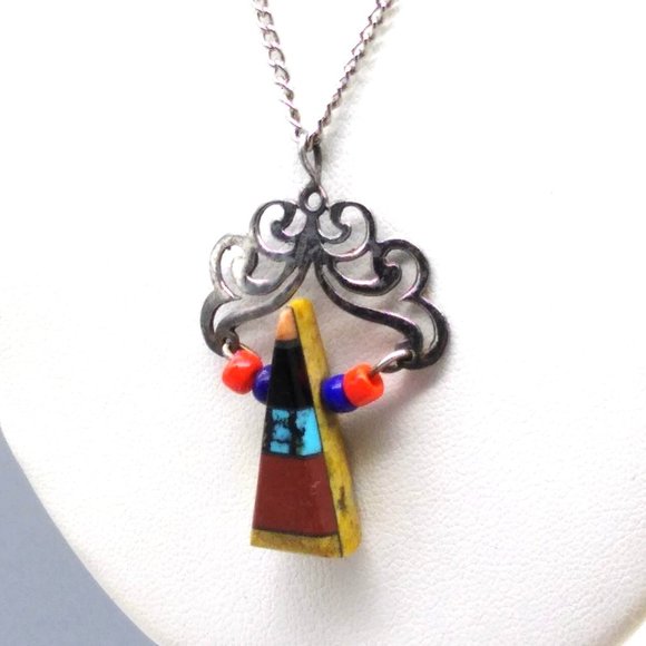 Vintage Stone Inlay Pendant with Jasper Base Sterling Silver Filigree Openwork - Picture 4 of 6